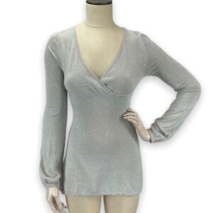 Studio Y Silver Metallic Faux Wrap Tunic Sweater Womens S Y2K Babydoll Fairy 90s
